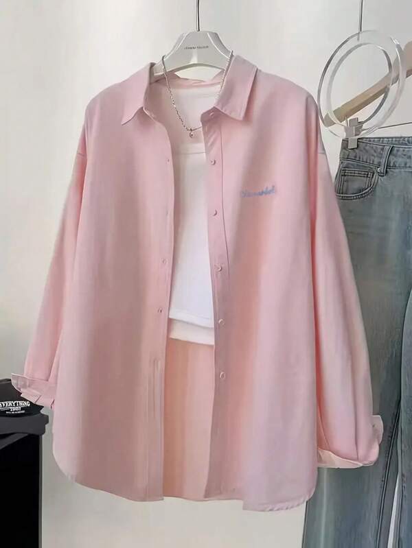 Embroidered Graduation Dress/Outfit Front Short Back Long Pink Embroidered Blouse, Pink Blouse For Women Spring Summer Autumn New Design Sense Long Sleeve Shirt Jacket, 4th Of July