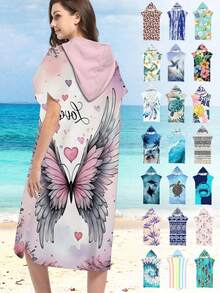 1pc Pink Butterfly Print Hooded Cape/Poncho - Super Soft Microfiber Butterfly Pattern, Suitable As Gift For Boys, Girls, Couples - For Beach & Home Decor, Couples Robe | Microfiber Bathrobe, Suitable For All Occasions Back To School - Multicolor - View 10