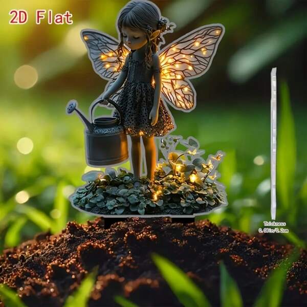 2D flach, 1 Stück bezaubernde Gartenfee mit Gießkanne & leuchtenden Flügeln - mystisches PC Material Pflanzer Deko, geeignet für Außengarten, Terrasse und Landschaft - ideales Muttertags Geschenk, Feengarten Accessoire