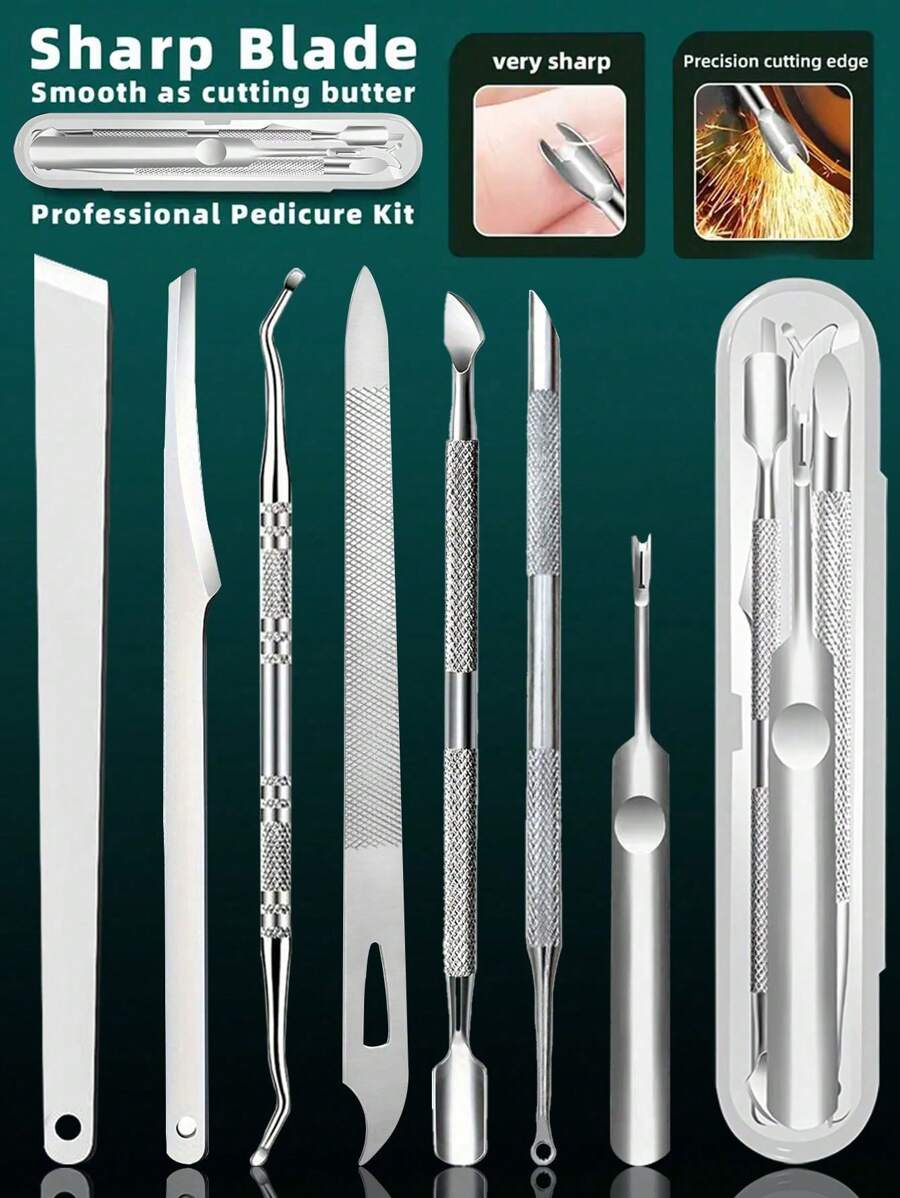7 Stücke Edelstahl Maniküre Werkzeug Set, präzise Nagelknipser zum Entfernen von Hühneraugen und abgestorbener Haut, tragbare Fußpflege Werkzeuge