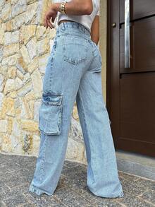 Wide Leg Cargo Jeans Cute Pocket Pants Women's Street Fashion Premium Cotton Fabric NEW Elegant Casual Wide Leg Jeans - 淺色水洗藍 - 查看 2
