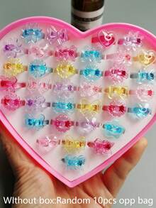 (Sin caja) Set de 10 anillos de dedo de resina con flores de caramelo, anillos de plástico rosa para niñas, regalos para fiestas, cumpleaños y joyería aleatoria para niñas - A - Ver 1