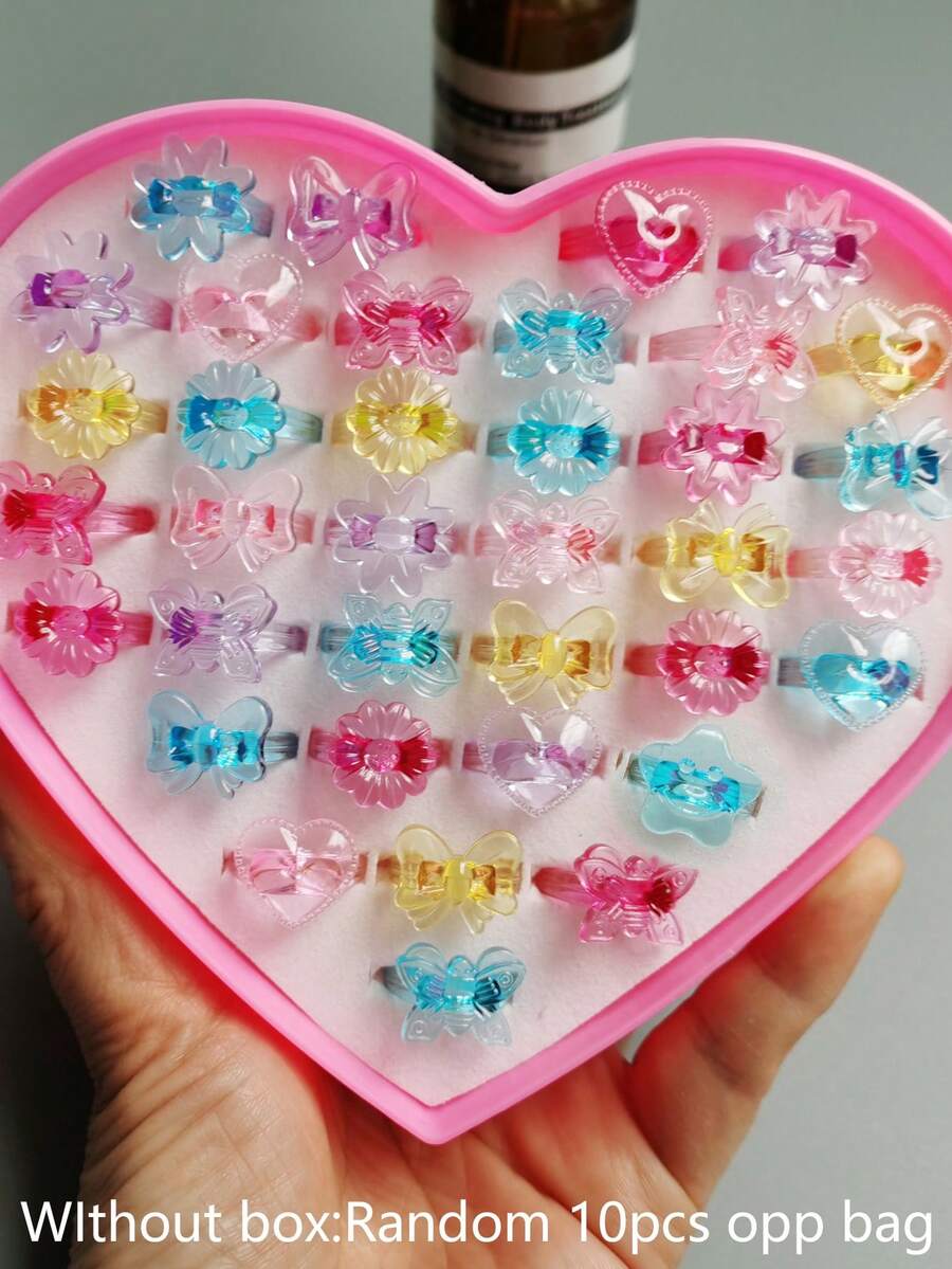 (Sin caja) Set de 10 anillos de dedo de resina con flores de caramelo, anillos de plástico rosa para niñas, regalos para fiestas, cumpleaños y joyería aleatoria para niñas - A - Ver 1