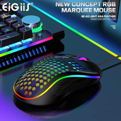 EIGIIS 1pc Honeycomb Wired Gaming Mouse With RGB On/Off Switch, 2400 Adjustable DPI, Ergonomic Lightweight Design & High Precision Sensor For PC Gamers