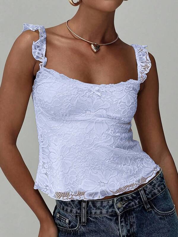 性感淑女蕾丝设计，带荷叶边肩带，蝴蝶结蕾丝拼布无袖背心，春夏新品