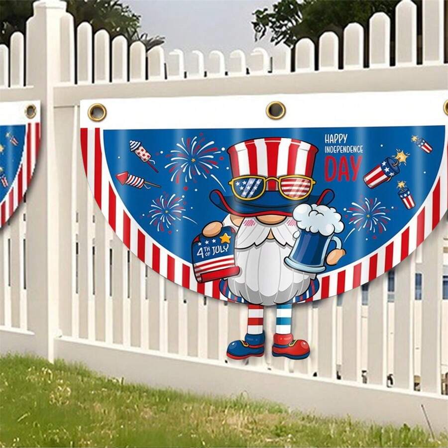 Bandera de jardín del 4 de julio con forma de abanico, diseño de gnomos de dibujos animados con pies, banderines con estrellas y rayas, estampado patriótico, bandera de abanico de terileno para el Día de la Independencia, fiesta al aire libre, accesorios de fotos - A - Ver 1