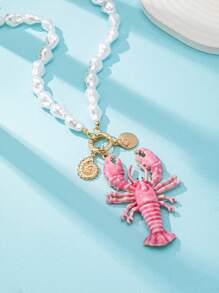 1 Pç Pingente de Lagosta Rosa Estilo Marinho Oceano Boêmio Pérola Falsa Colar com Contas Joia Boho Feminina Adequado para Férias de Verão, Praia, Uso Diário