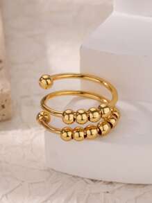 1 pieza Anillo abierto de doble capa con cuentas esféricas de moda para mujer, color dorado, acero inoxidable con diseño geométrico, joyería de fiesta de Hip Hop, regalo