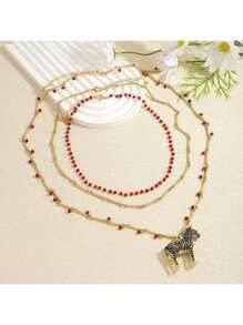 5pcs Vintage Enamel Zebra Animal Pendant Earrings Necklace Set, Handmade Multi-Layer Beaded Zebra Jewelry With Stylish Design, Perfect Jewelry Gift For Women