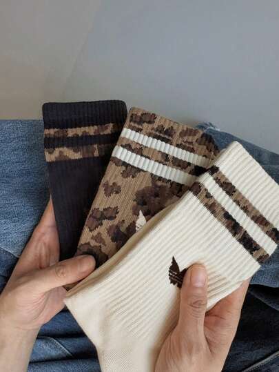 3 Pairs Unisex Cheetah Print Patterned Casual Ankle Socks, Suitable For Daily, Outdoor Wear, Autumn Season