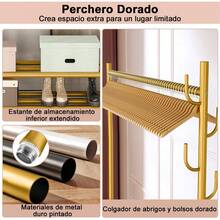 Perchero con Ruedas Dorado Organizador Estanteóvil para Colgar Ropa de Metal Percheros Burro Comercial con Estante de Almacenamiento Colgador de Ropa Percha Rodante para Sombrero y Árbol 120CM - 1 - Ver 2