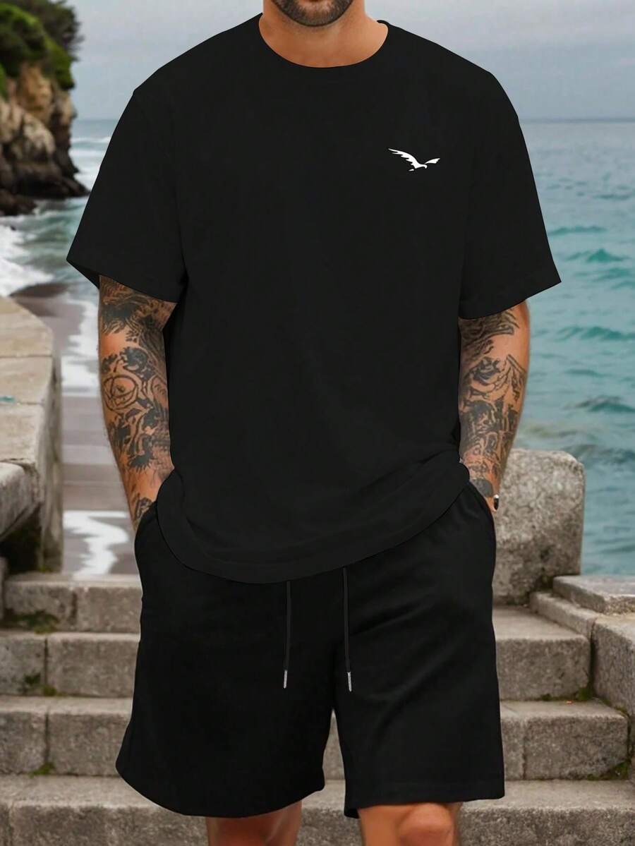 Plus Size Men 2 Pieces Set: Basic Round Neck Short Sleeve T-Shirt + Athletic Casual Shorts, Fashion Minimalist Print Men Outfit, Cozy Outfits - Black - View 1