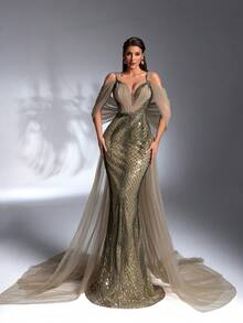 Elisanya 奢华优雅的橄榄绿色重珠亮片拼接细肩带网眼拖尾美人鱼晚礼服（重饰），适合所有场合：正式晚宴、派对、鸡尾酒会、婚礼、生日派对、返校节、沙特国庆节 - 綠色 - 查看 9