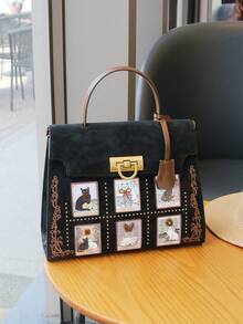 2025新款时尚女士手提包，小众设计单肩托特包，奢华大容量通勤公文包，卡通猫咪印花手提包，百搭休闲单肩包 - 彩色 - 查看 5