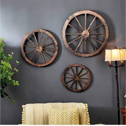 3 st trävagnshjuldekor 12/10/8 tum gammal västra väggdekor bondgårdsvagnshjul rustik gårdshängande dekorativ konst för trädgård hem bar garage (mörkbrun)