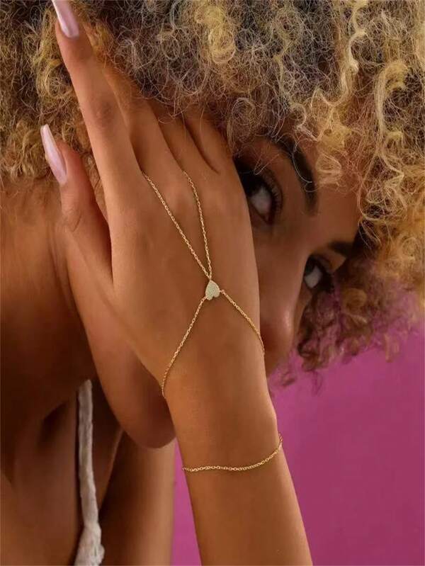 1 pièce Bracelet à chaîne pour doigt en forme de cœur orné de strass, chaîne en métal de couleur dorée, bijou avec motif géométrique, accessoire décontracté boho en cuivre, cadeau d'anniversaire