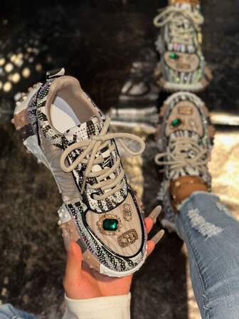 Fall/Winter Shiny Crystal & Gemstone Decorated Women Sport Shoes, Fashionable Platform Casual Sneakers, Comfortable Multi-Function White Lace Up Flat Shoes, Plus Size