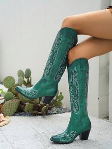 秋冬女士西部刺绣套穿式过膝长靴，粗跟V型开口时尚靴，牛仔靴 - 墨綠色 - 查看 3