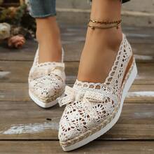 Women's Fashion Pointed Toe Loafers, Woven Lace Bow Decor Slip-On Flats - Beige - View 1