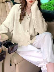 Classic Minimalist V-Neck Single-Breasted Drop Shoulder Long-Sleeved Cardigan, Versatile,Long Sleeve Tops - Beige - View 2