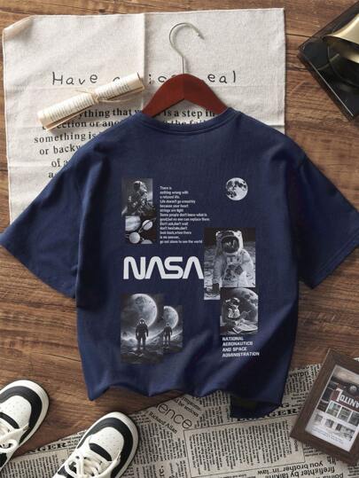 1pc Tween Boy Navy Space Graphic Print Short Sleeve T-Shirt, Summer Tops For Young Students
