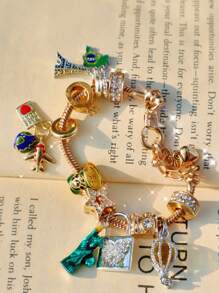 1pc Travel Souvenir Charm Bracelet, Fashion Map & Star Bracelet, Retro Statue Of Liberty Bracelet, Classic Lock Ladies Bracelet