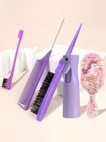 5pcs/Set Transparent Square Spray Bottle, Comb, Children's Cartoon Unicorn Design Detangling Comb, Mini Massage Brush, Hair Brush Set - Random Color