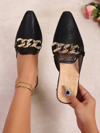 Sandali scivolanti eleganti in pizzo per donne, piatti, stile boho cinese con perline e catena metallica, moda comoda per vacanze, matrimoni, casa, esterni, primavera/estate/autunno, versatili