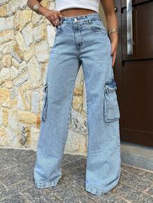 Wide Leg Cargo Jeans Cute Pocket Pants Women's Street Fashion Premium Cotton Fabric NEW Elegant Casual Wide Leg Jeans - 淺色水洗藍 - 查看 1