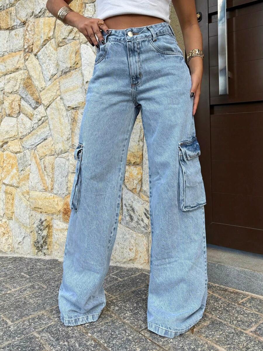 Wide Leg Cargo Jeans Cute Pocket Pants Women's Street Fashion Premium Cotton Fabric NEW Elegant Casual Wide Leg Jeans - 淺色水洗藍 - 查看 1