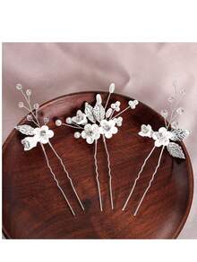 3件套婚礼新娘水晶珍珠花朵发饰 - 銀色 - 查看 1