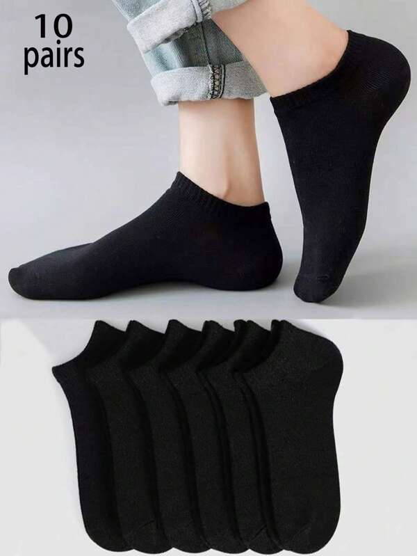 10 Pairs Men's Simple Solid Color Ankle Socks, Breathable Moisture Wicking Casual Business Socks, Daily Versatile Mid-Calf Socks, Spring/Summer