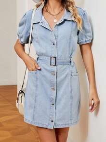 Women's Summer Denim Shirt Dress Short Sleeve Turn Down Collar Belted Jeans Dress - Light Wash - View 2