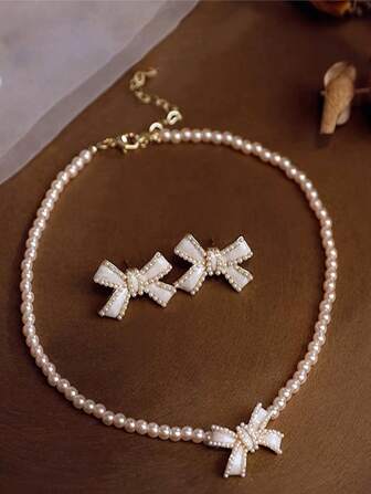 Set de 3 piezas de joyas elegantes y con estilo de arco con perlas falsas, incluyendo pendientes de botón y collar, adecuado para fiestas, regalo para niñas