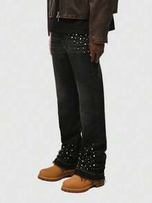 Nuevos pantalones rectos de mezclilla elástica con diamantes incrustados para hombres - ¡Esencial de la ropa urbana! - Negro - Ver 7