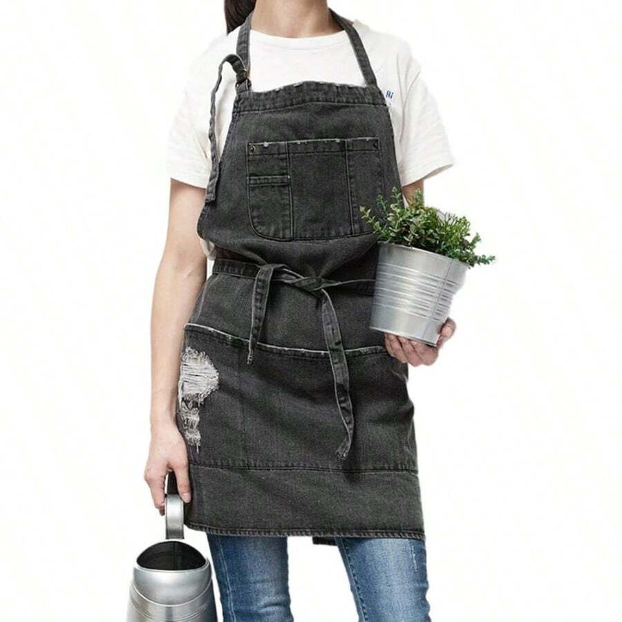 SKKREDenim Apron With 5 Pockets For KitchensHairstylist Aprons For Women Men Adjustable Bib Jean Apron For Arts Cafe Work8h2g - BlackGray - View 1