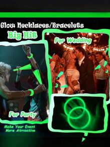 100 مجموعة من عصي الإضاءة الخضراء والقلائد المضيئة، مناسبة لديكورات حفلات الكبار وهدايا الحفلات. هذه العناصر يمكن أن تضيء باستمرار لمدة 8 إلى 12 ساعة. لها تأثير الإضاءة الليلية، مما يجعل هدايا الحفلات تلمع بشكل لامع. أساور اليد والقلائد والأضواء النيون وعصي الإضاءة المضيئة لحفلات الزفاف