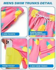 Bañador de hombre con forro de compresión, pantalón corto de baño de 5 pulgadas de entrepierna para hombres - Piña amarilla - Ver 4