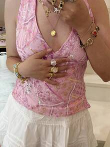 Top halter de lentejuelas para mujer, elegante, sin espalda, con escote en V, sin mangas, corte ajustado, ideal para el verano. - Rosa - Ver 5