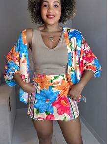 Conjunto Kimono e Short Saia estampado   Floral    Casual    Tecido