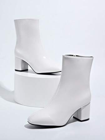 Botas de tobillo blancas para mujer de otoño/invierno - Botas de tobillo con tacón de bloque de punta cerrada con cremallera lateral, botas Chelsea cortas casuales