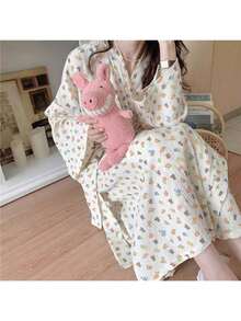 Women's Cartoon Cute Bear Printed Long Sleeve Robe / Pajamas Set, Comfortable Home Wear For Spring & Autumn Back To School - Dark Purple Edging - View 7