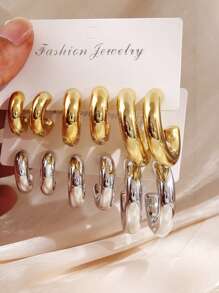 6-12pcs/Set Assorted Size Plain C-Shape Hoop Earrings Set, Gold & Silver Tone, Suitable For Women Daily Wear (No Card Packaging)
