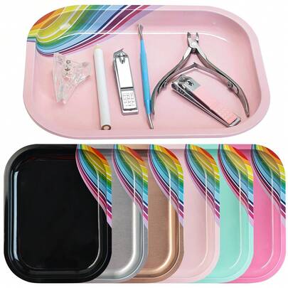 1pc Stainless Steel Manicure Tray And Cosmetic Storage Tray, Colorful Framed Tray, Nail Clipper Tools, Multifunctional Stainless Steel Tray, Jewelry Metal Tray - Easy Organization For Fake Nails And Tools
