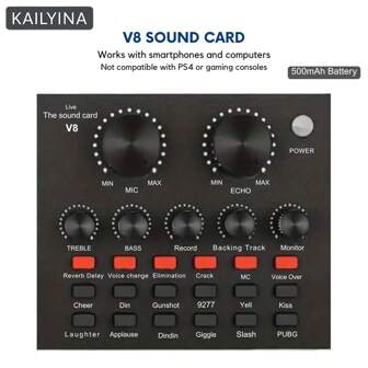 kailynia Tarjeta de sonido para karaoke móvil y transmisión en vivo KAILYNIA V8 PC - Batería de 500mAh, carga micro USB, mezclador de audio externo para podcasts/KTV - Perfecto para entusiastas del audio