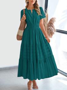 Womens Summer Maxi Dresses Short Sleeve High Waist Tiered Flowy A-Line Boho Bohemian Beach Long Dress Holiday Vacation Beach Valentine Long Dress Outfit - 孔雀綠 - 查看 3