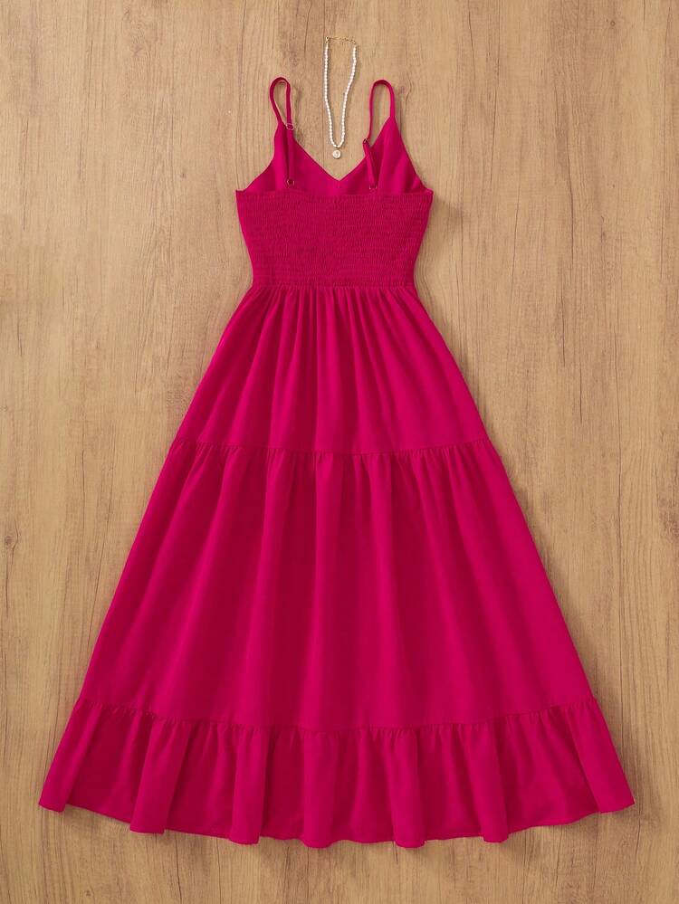 Solid Color Elegant Casual Loose Woven Flared Backless Dress, Suitable For Party, Evening Date, Wedding, Spring/Summer - Hot Pink - View 2