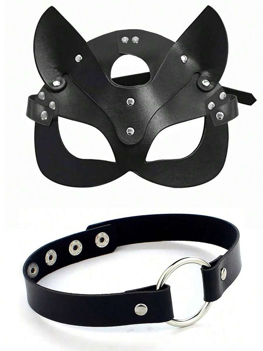 1/2 chiếc mặt nạ nửa mặt hình cáo bằng da dành cho nữ và vòng cổ hình trái tim, phụ kiện trang trí cosplay, đồ lót, đạo cụ cho các dịp lễ hội. - màu đen - Xem 1