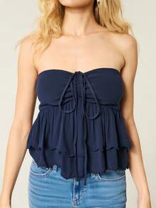 Women's Multi-Layer Ruffle Drawstring Sleeveless Halter Neck Top, Spring & Summer - Navy Blue - View 2