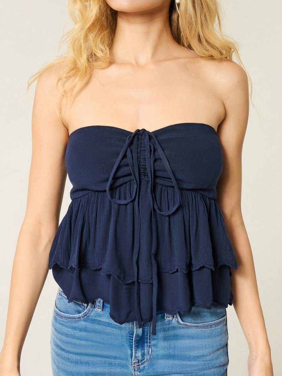 Women's Multi-Layer Ruffle Drawstring Sleeveless Halter Neck Top, Spring & Summer